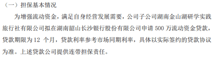 学海文化子公司湖南金山湖研学实践旅行社有限公司拟向银行申请500万贷款 公司提供连带担保责任  第1张