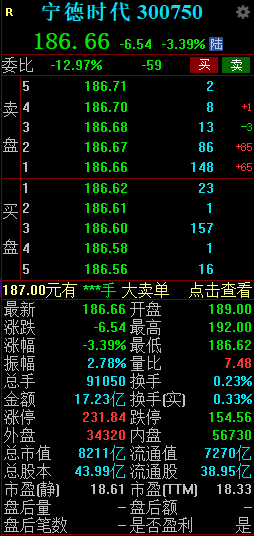 宁德时代早盘跌超3% 成交额超17亿元