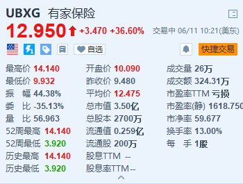 美股异动｜有家保险续涨36.6% 该股昨日大幅上涨超28%