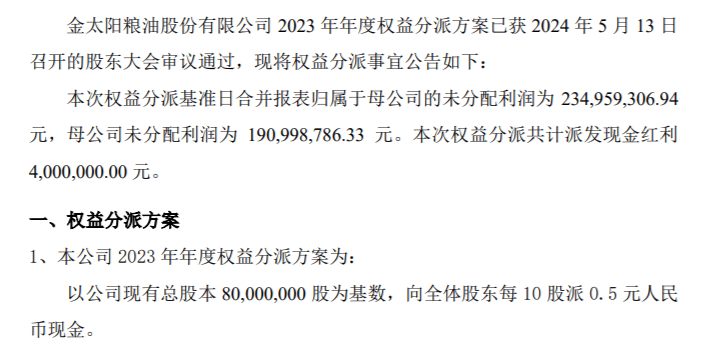 太阳股份2023年度权益分派每10股派现0.5元 共计派发现金红利400万元  第1张