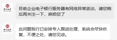 中国银行网银崩了？客服回应：企业电子银行服务器有网络异常波动，已安排专人跟进处理