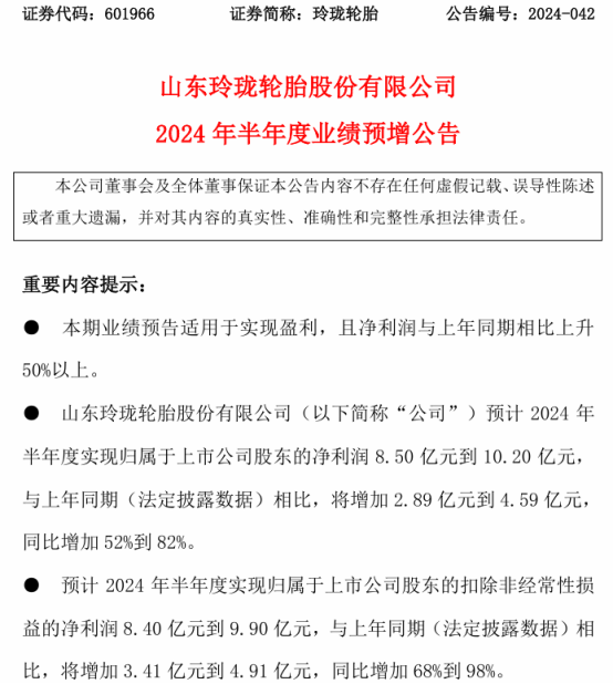 玲珑轮胎2024年上半年预计净利8.5亿-10.2亿同比增加52%-82% 产品销量增长