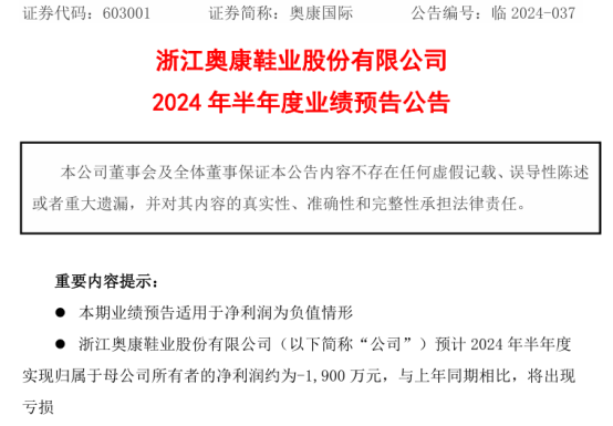 奥康国际2024年上半年预计亏损1900万 毛利额减少  第1张