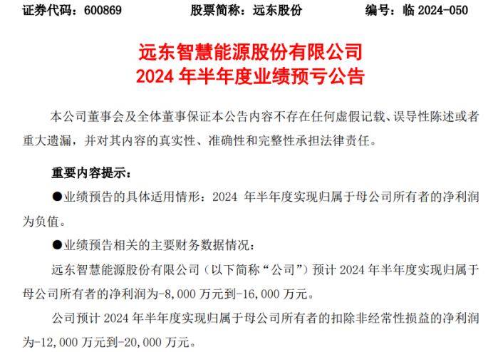 远东股份2024年上半年预计亏损8000万-1.6亿同比由盈转亏 智能缆网毛利率同比下降