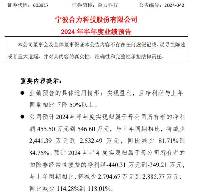 合力科技2024年上半年预计净利455.5万-546.6万同比减少82%-85% 本期模具销售下降