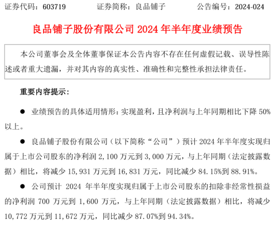 良品铺子2024年上半年预计净利2100万-3000万 政府补助同比下降较多