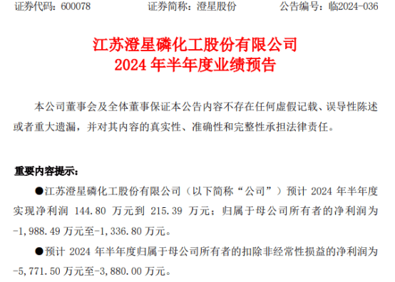 澄星股份2024年上半年预计亏损1336.8万-1988.49万 上游磷矿石供给偏紧、价格重心向上  第1张