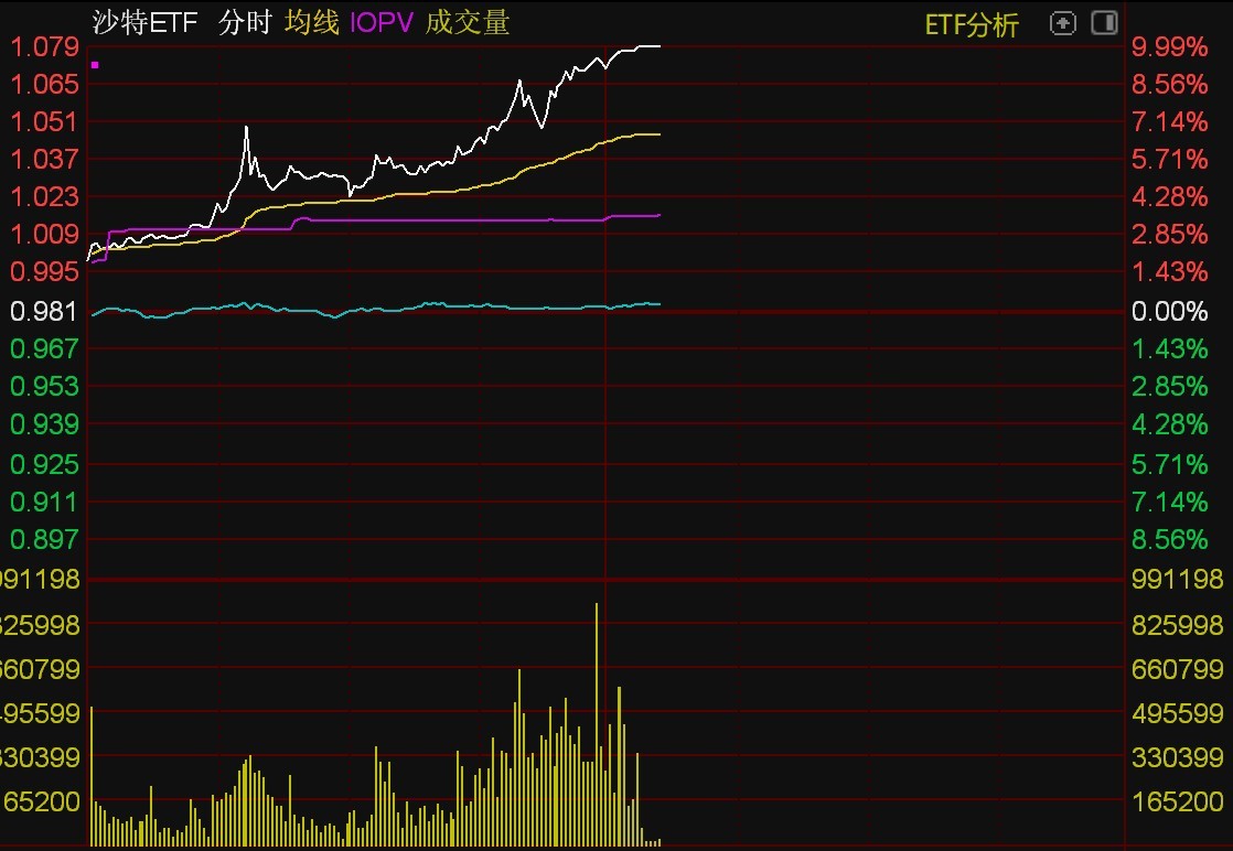 沙特ETF午后触及涨停，溢价逾6%