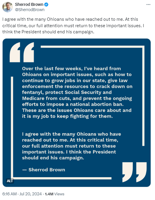 民主党参议员Sherrod Brown：拜登应当退选