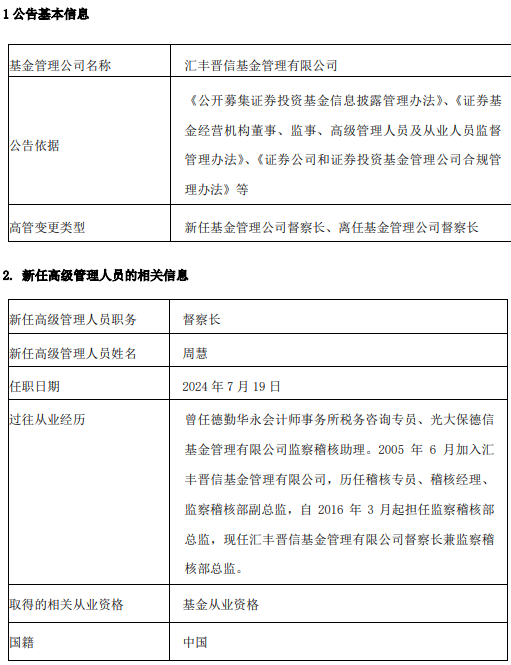 汇丰晋信基金新任周慧为督察长 古韵转任公司治理董事