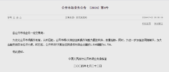 央行：即日起 公开市场7天期逆回购操作利率由此前的1.80%调整为1.70%