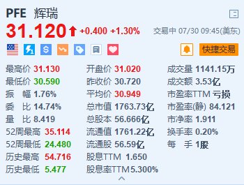 辉瑞涨1.3% Q2营收及调整后每股收益超预期  第1张