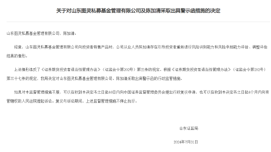 山东图灵私募基金收证监局警示函，销售产品时引导投资者重新风险测评、调整评估结果、向个别投资者承诺保本