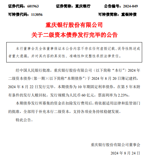 重庆银行：成功发行60亿元二级资本债券  第1张