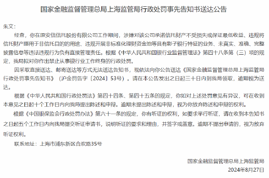 原安信信托朱文被罚禁止从事银行业工作终身：因承诺信托财产不受损失或保证最低收益等违法违规行为  第1张